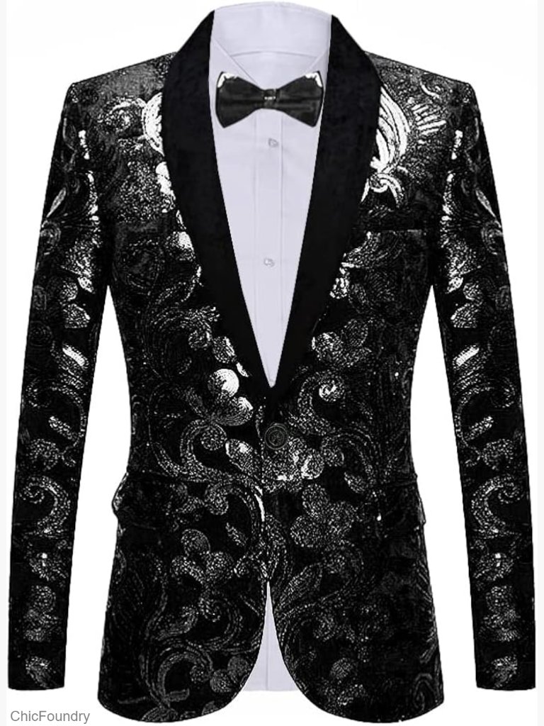 Men's Velvet Sequins Blazer Floral Pattern Prom Suit Jacket Long Sleeve
